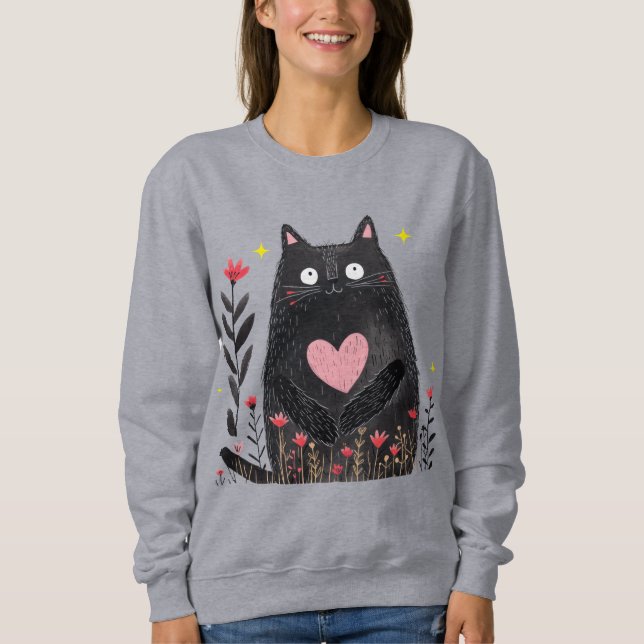 Sweatshirt Mignonne Boho Floral Aquarelle Chat Noir Féminin (Devant)