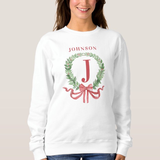 Sweatshirt Monogramme de couronne de Noël avec nom (Devant)