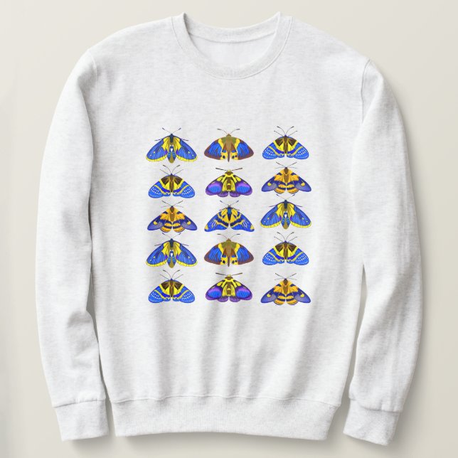Sweatshirt Moths en bleu, jaune doré et marron (Design devant)