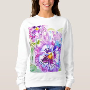 Sweatshirt Motif d'aquarelle Pansy sur panneaux bleu violet