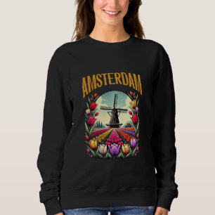 Sweatshirt Moulin à vent rétro vintage sur champ de tulipes A