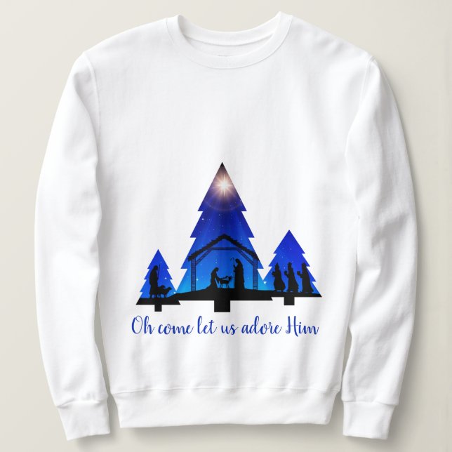 Sweatshirt Nativité de l'arbre de Noël : Oh venez, aimons-le  (Design devant)