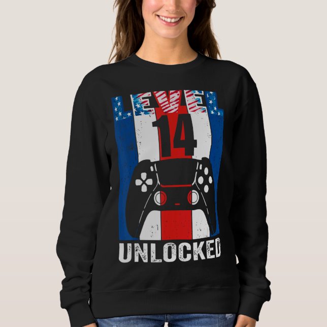 Sweatshirt Niveau 14 Déverrouillé 14e anniversaire Jeu 4 juil (Devant)