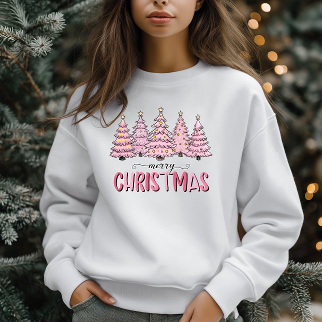 Sweatshirt Noël Arbre rose Vacances d'hiver (Pink Christmas Trees Sweatshirt - Cute Holiday Fashion)