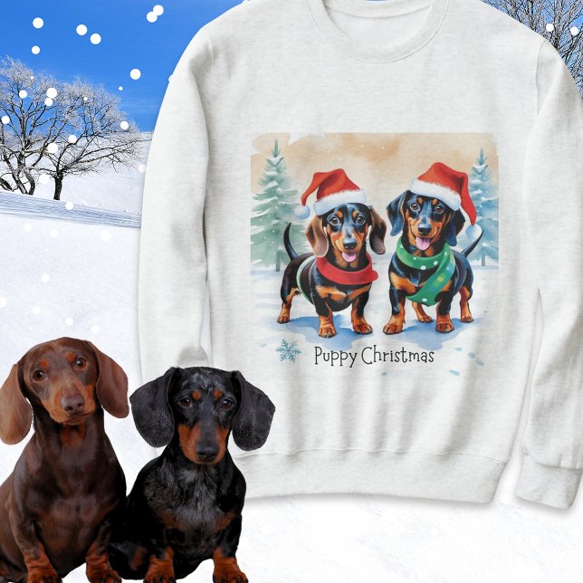 Sweatshirt Noël chiots teckel chien saucisson chiots (A festive sweatshirt with picture of two cute dachshunds and caption 'Puppy Christmas')