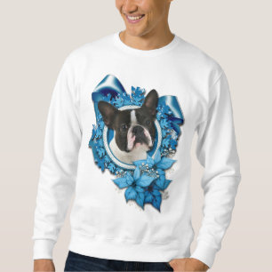 Sweatshirt Noël - flocons de neige bleus - Boston Terrier