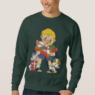 Sweatshirt Noël Vintage, Garçon avec Cadeaux et Chien