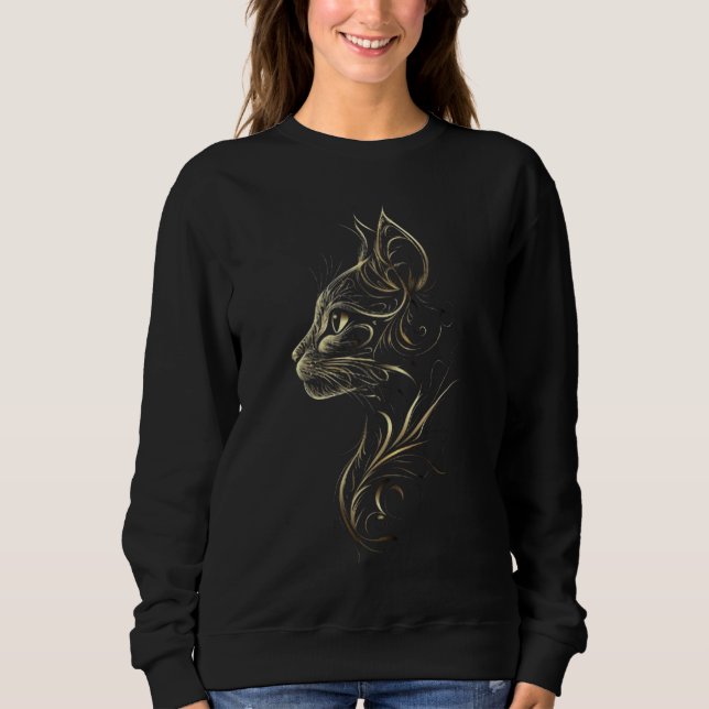 Sweatshirt noir avec élégant design de chat en or (Devant)