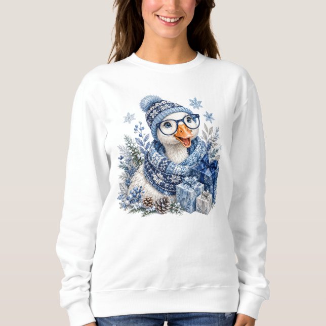 Sweatshirt Oie de Noël Bleu Vacances d'Hiver (Devant)