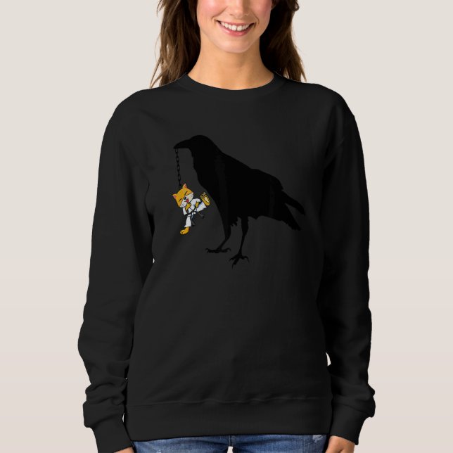 Sweatshirt Oiseau Noir Avec Kitten Karaté Sur Oiseau Crow À C (Devant)