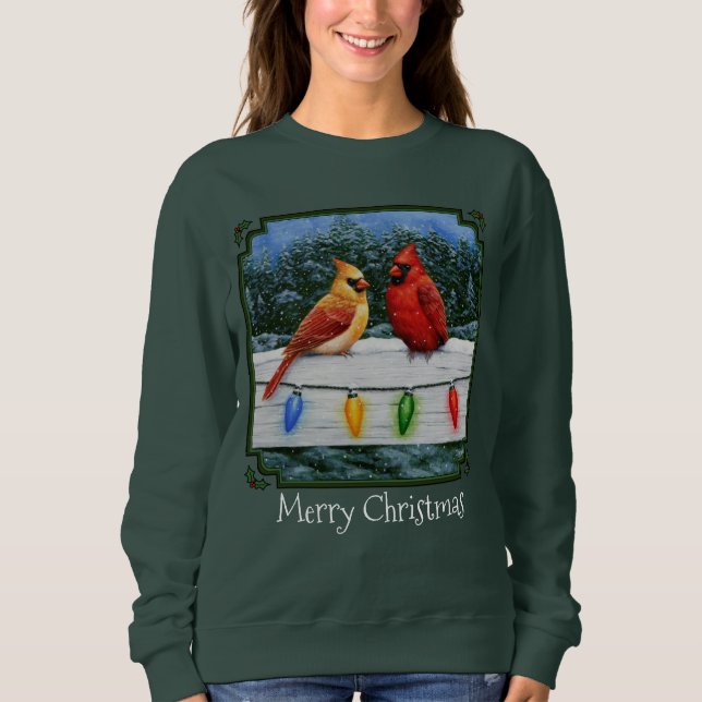 Sweatshirt Oiseaux cardinaux et lumières de Noël (Devant)