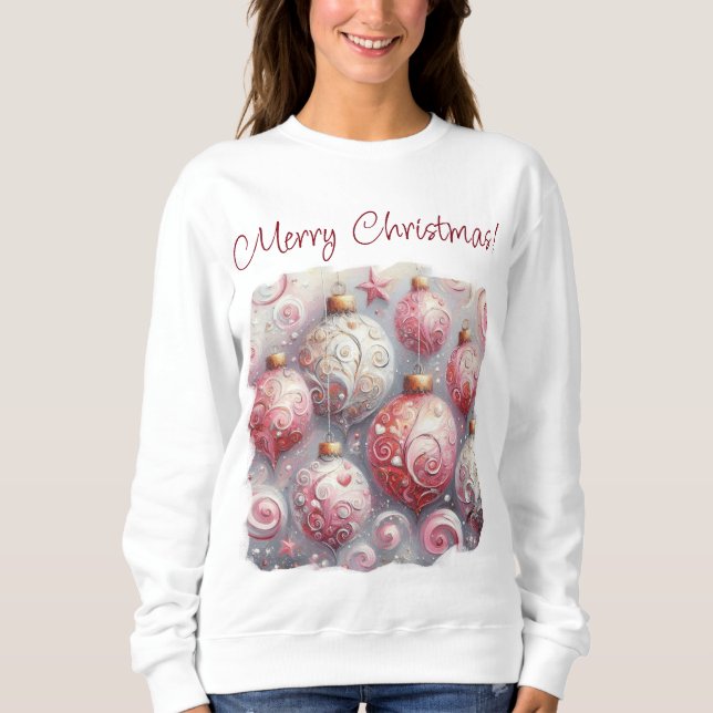 Sweatshirt Ornements de Noël impressionniste Whimsical rose (Devant)