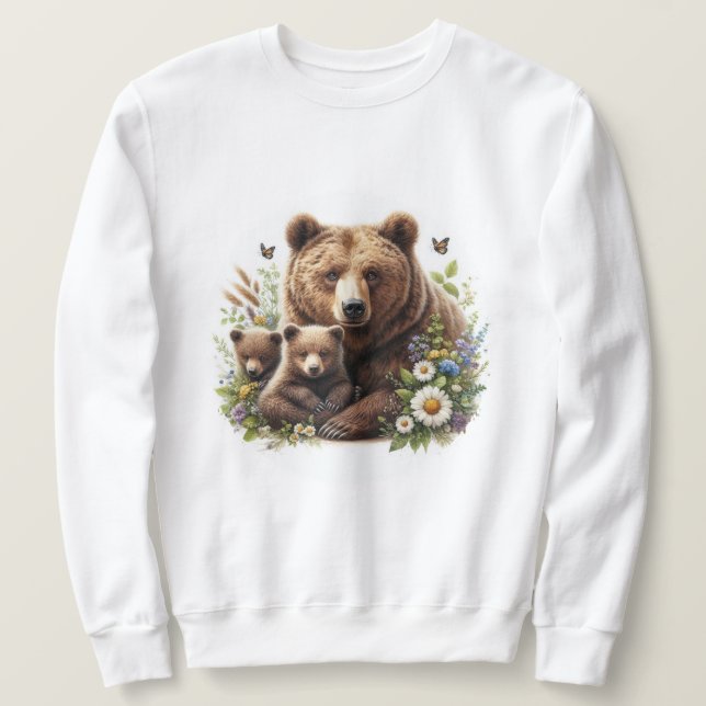 Sweatshirt Ours Brown avec des oursons dans une prairie flora (Design devant)