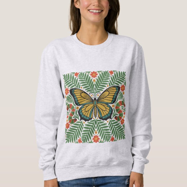 Sweatshirt Papillon d'art folklorique avec fougères  (Devant)