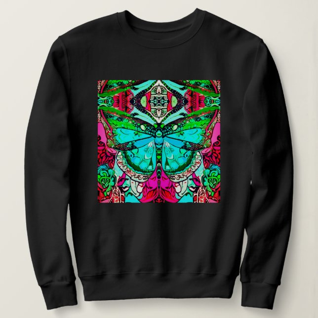 Sweatshirt Papillon et Motif Batik de Médaillon en Turquoise (Design devant)