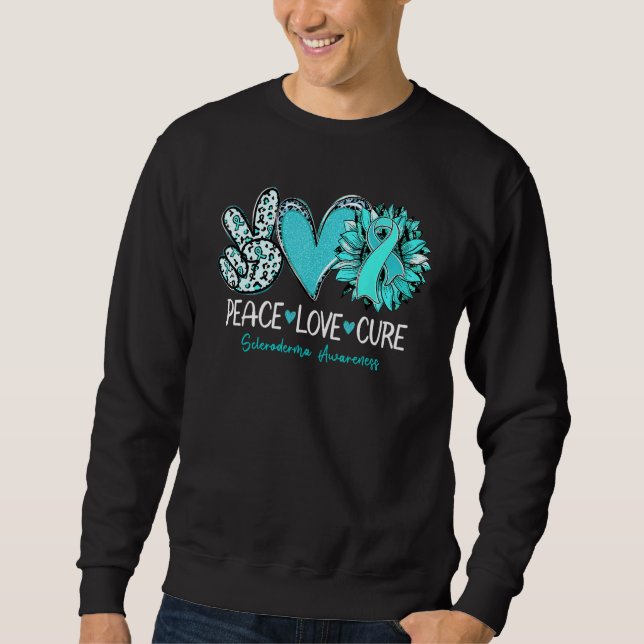 Sweatshirt Peace Love Cure Sunflower Teal Ribbon Scleroderma  (Devant)