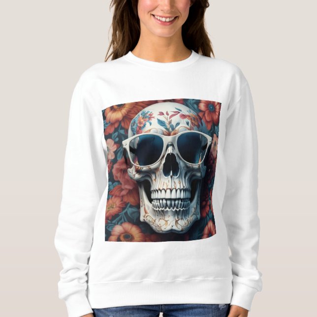 Sweatshirt Pêcher Floral 3D Crâne mort portant des lunettes d (Devant)