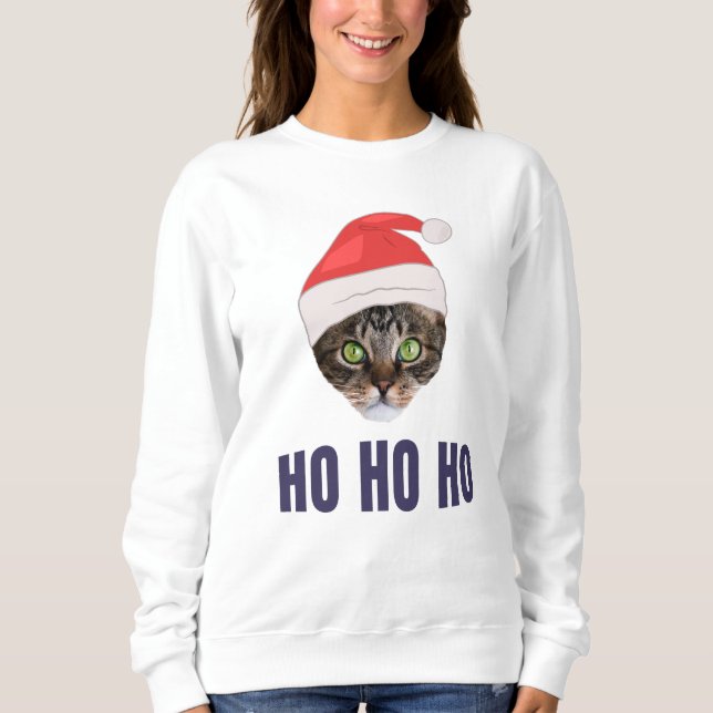 Sweatshirt Père Noël Chat avec Santa hat, Ho Ho ho Squa d'inv (Devant)