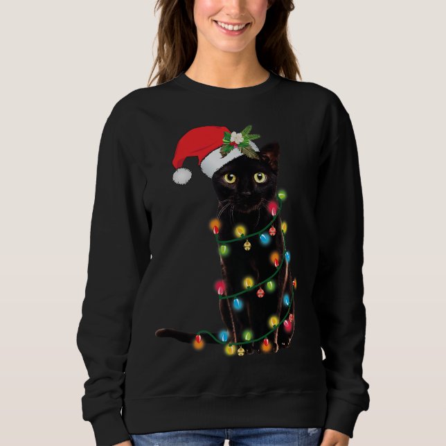 Sweatshirt Père Noël Chat Noir Tangé Dans La Lumière De L'Arb (Devant)