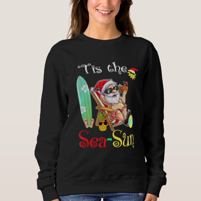 Sweatshirt Père Noël Surf Flamant rose Float Tis the Sea-Sun  (Devant)