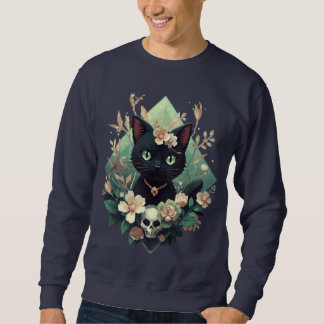 Sweatshirt Pixel de crâne de chat noir floral pour Halloween