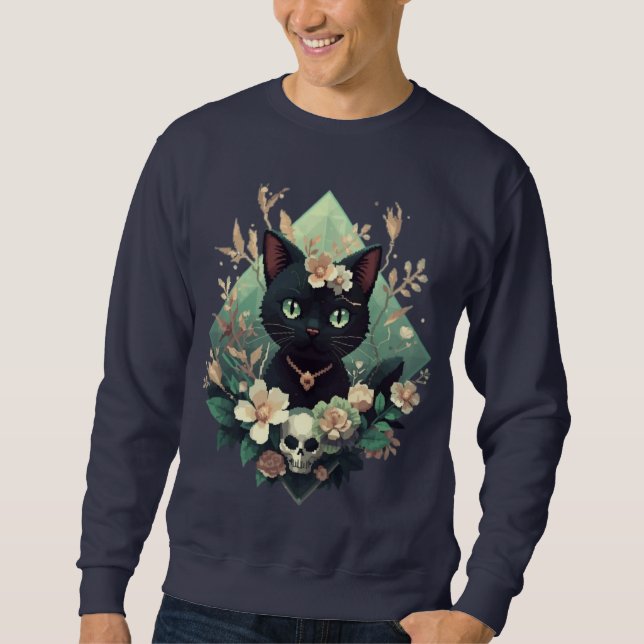 Sweatshirt Pixel de crâne de chat noir floral pour Halloween (Devant)