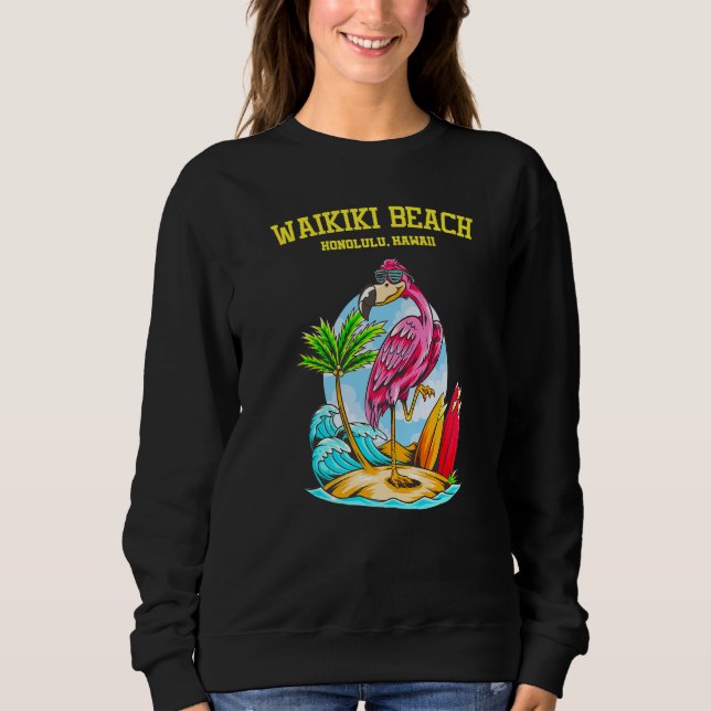 Sweatshirt Plage de Waikiki Flamant Océan Vague Surf (Devant)