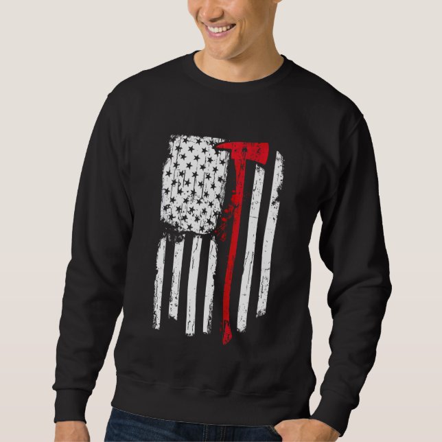 Sweatshirt Pompier Red Line Drapeau Américain Avec Pompier Ax (Devant)