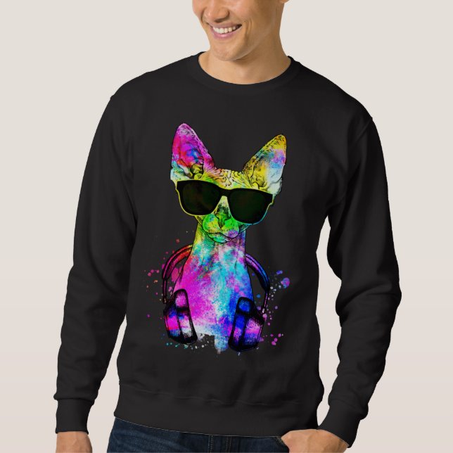 Sweatshirt Portrait Rétro Pop de Chat Sphynx avec Casque Audi (Devant)