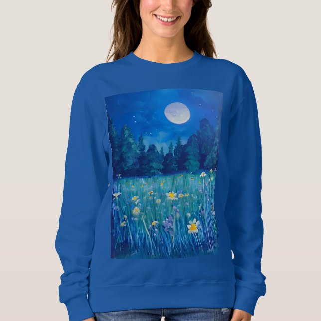 Sweatshirt Pré et forêt sous une Pleine lune (Devant)