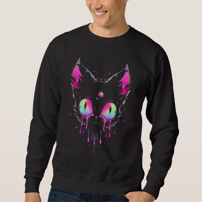 Sweatshirt Psychedelic Weirdcore Cat Weird Gothic Punk Emo Ed (Devant)