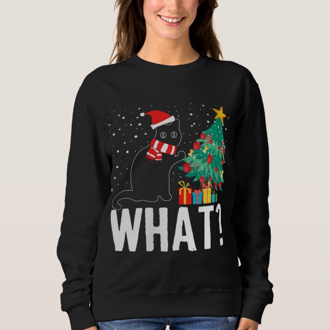 Sweatshirt Quel Chat Noir Drôle Poussant L'Arbre De Noël Sur  (Devant)