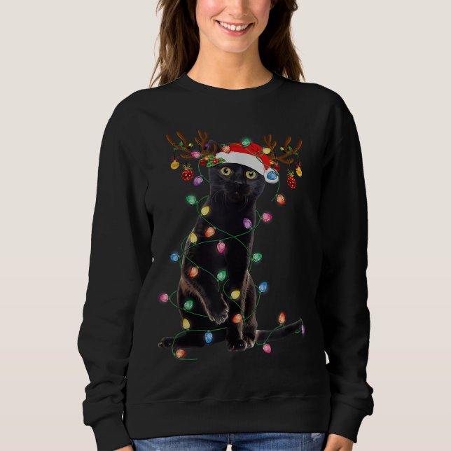 Sweatshirt Reindeer Chat Noir Feux de Noël Drôle Chat Amour (Devant)