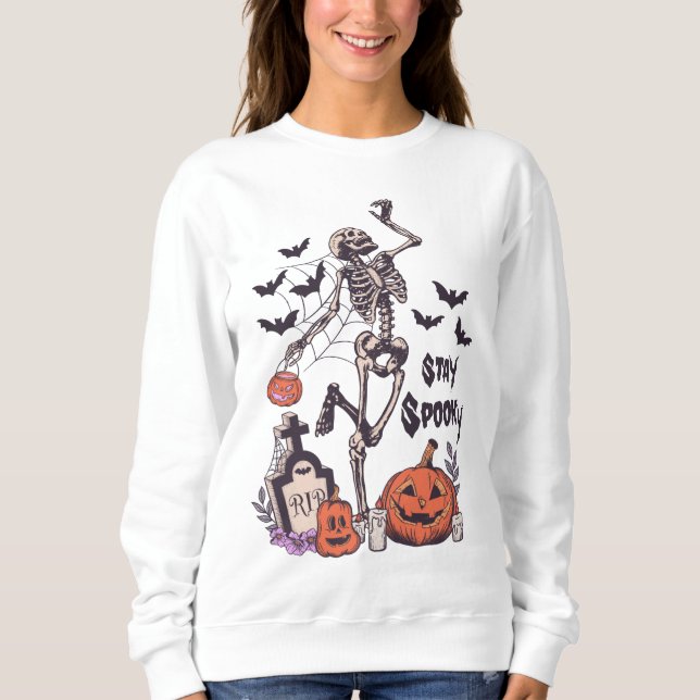 Sweatshirt Restez Éffrayant Halloween Skeleton Spider Bat Cit (Devant)