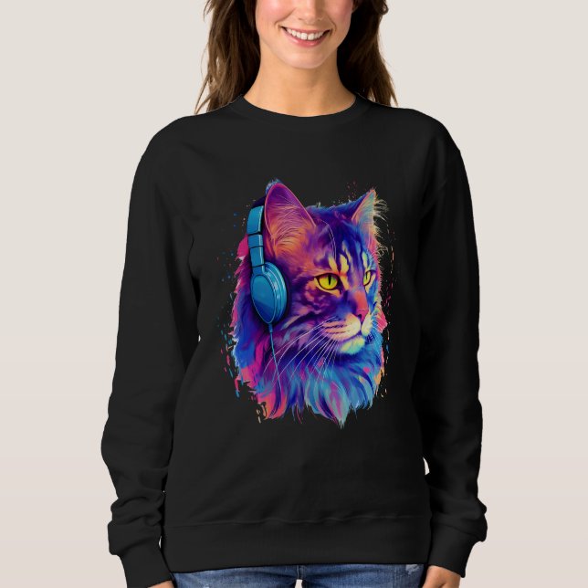 Sweatshirt Retro DJ Maine Coon Male Cat Face Headphones Music (Devant)
