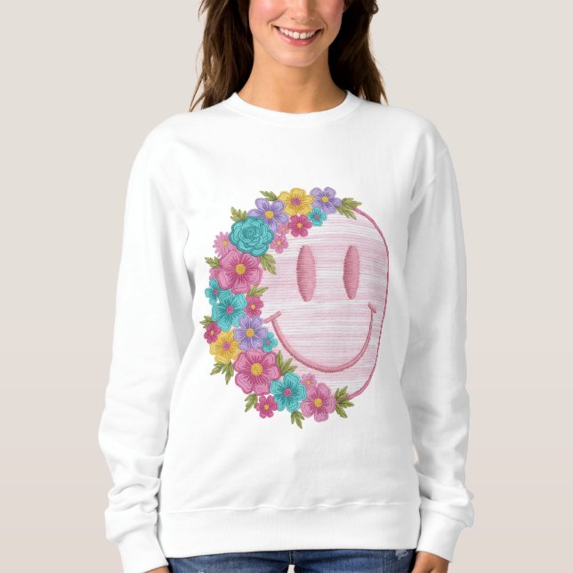 Sweatshirt Retro Floral Smiley Face PNG Sublimation Design  (Devant)