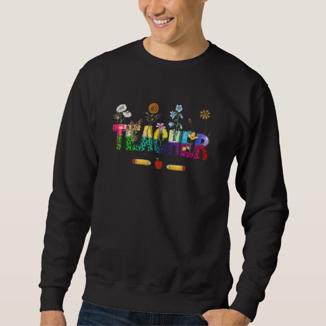 Sweatshirt Retro Groovy Flower Teacher Pencil And Apple Schoo (Devant)