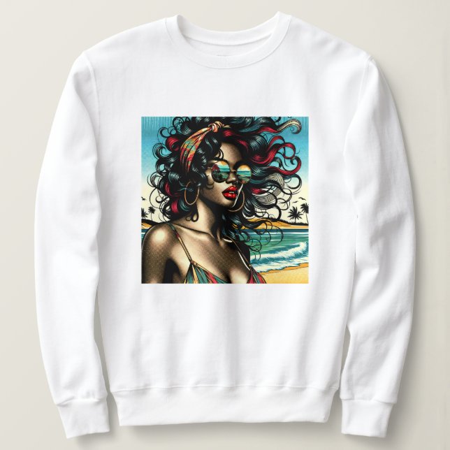 Sweatshirt Retro Woman on Beach Comédie Style Pop Art (Design devant)
