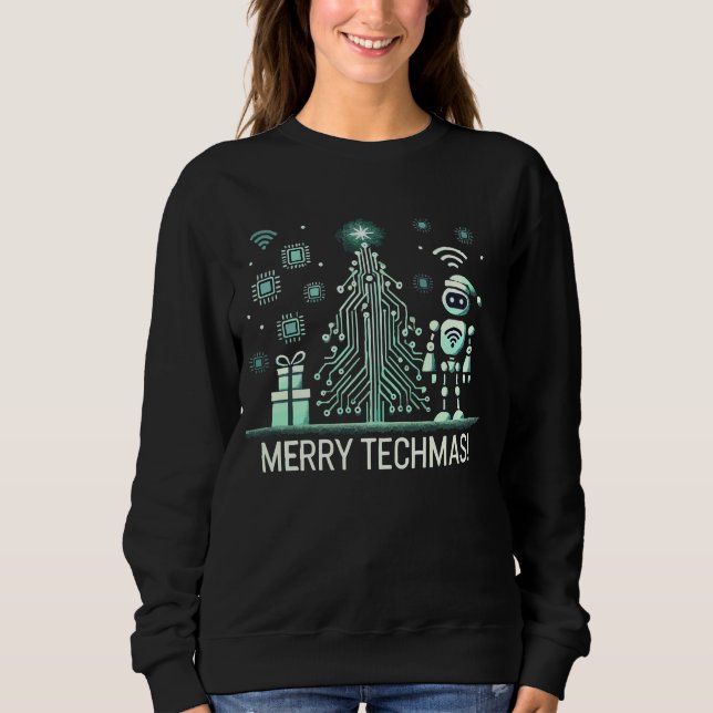 Sweatshirt Robot IA avec arbre de Noël Tech - Joyeux Techmas (Devant)