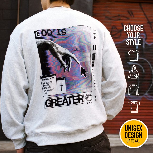 Sweatshirt Romans 8:31 Cyberpunk Main de Dieu Glitch Art (Heavyweight Streetwear Christian T-Shirts & available oversize 3XL, 4XL, 5XL, 6XL. Choose your style)