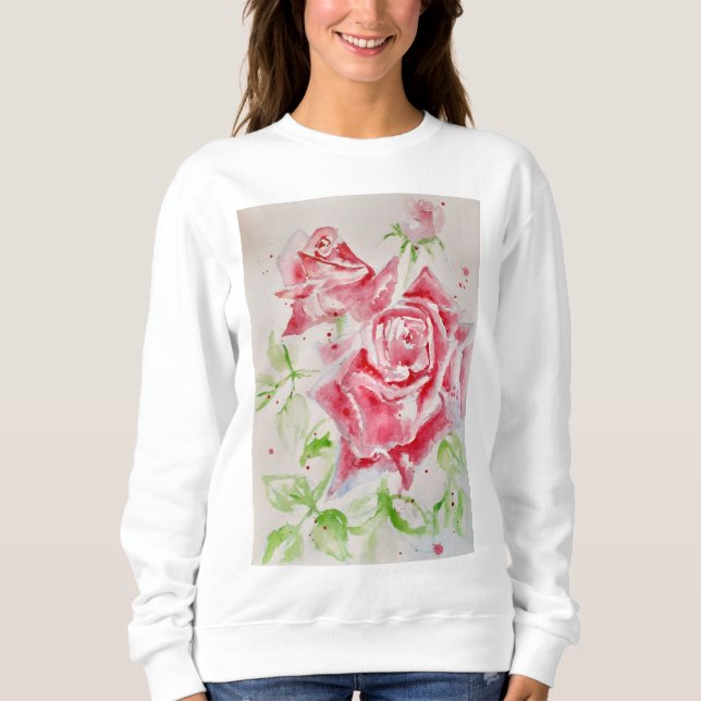Sweatshirt Rose rouge Fleurs d'aquarelle Floral Peinture Rose (Devant)