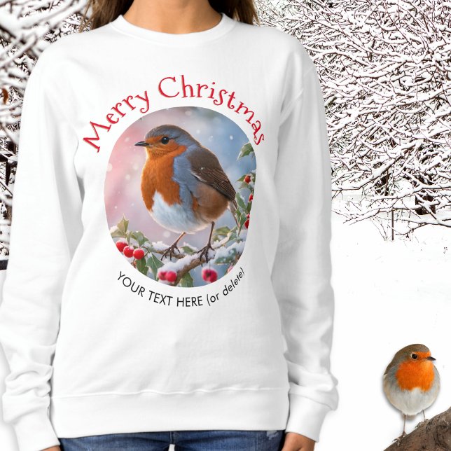 Sweatshirt Rouge-gorge festif d'hiver Joyeux Noël (A personalized festive sweatshirt, with winter robin picture and red 'Merry Christmas' greeting)
