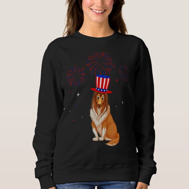Sweatshirt Rough Collie Chien Rouge Blanc Bleu Feu d'artifice (Devant)