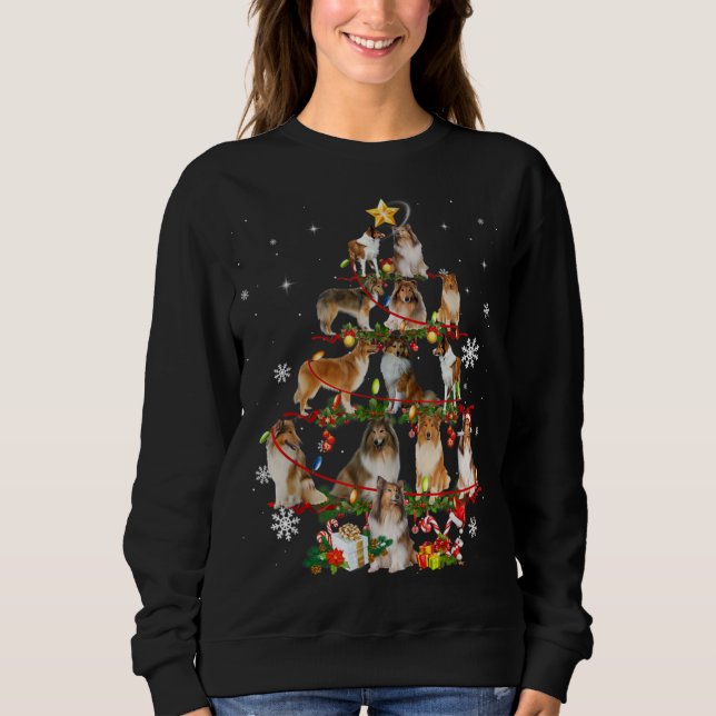 Sweatshirt Rough Collie Feux d'arbre de Noël Lumières Drôle C (Devant)