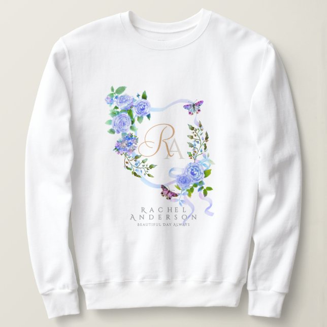 Sweatshirt Ruban Chic Monogramme Rose Bleue  (Design devant)
