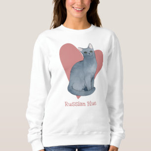 Sweatshirt Russe Bleu Chat Aquarelle Kitty Coeur rose