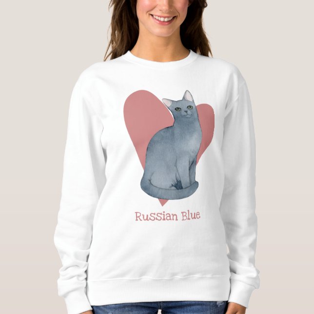 Sweatshirt Russe Bleu Chat Aquarelle Kitty Coeur rose (Devant)