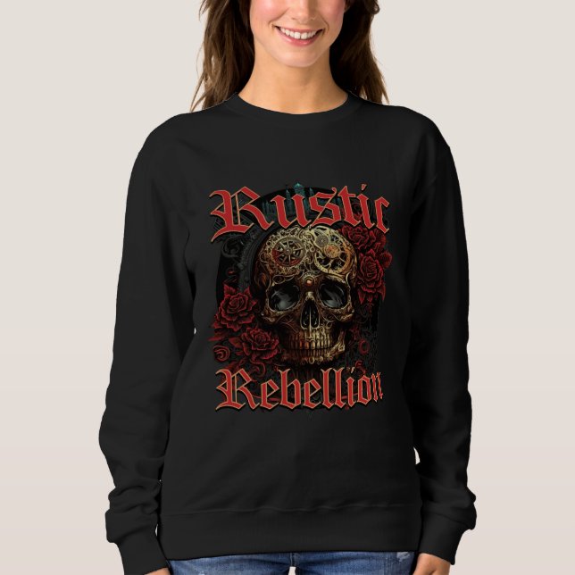 Sweatshirt Rustic Rebellion Steampunk Goth Skull Red Rosed Gr (Devant)