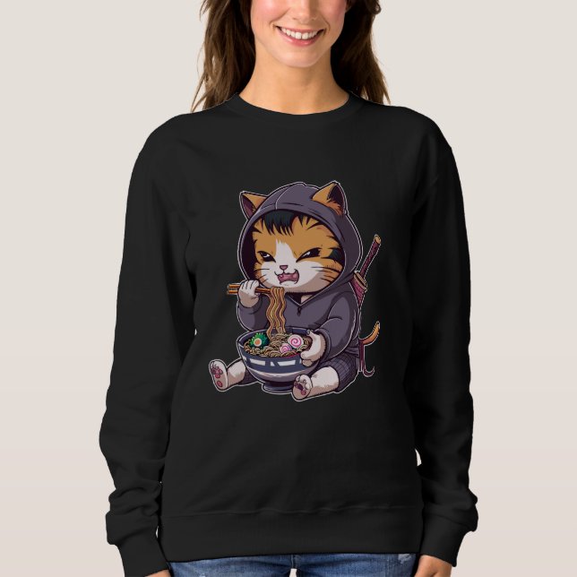 Sweatshirt Samurai Cat Eating Ramen Kawaii Ninja Japanese Ani (Devant)