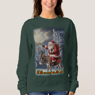 Sweatshirt Santa Claus on a Donkey for Christmas on a Green